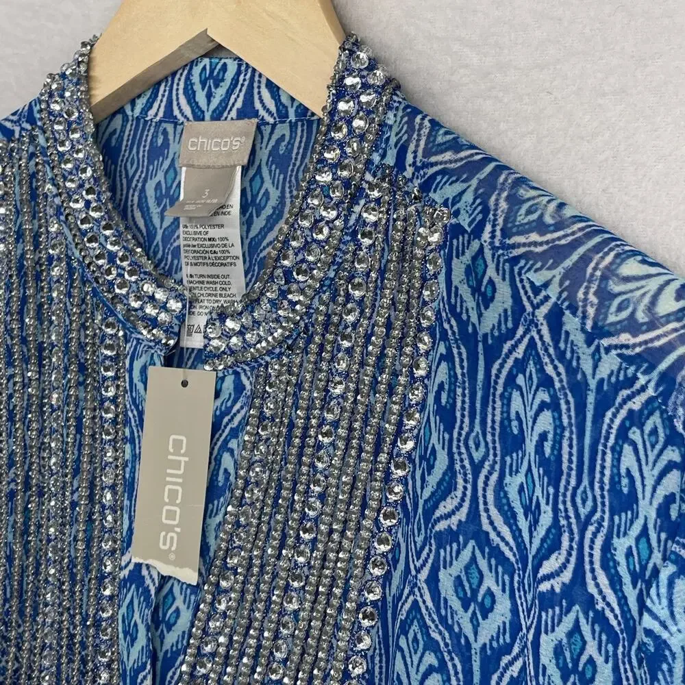 CHICOS Tunic 3 XL Chiffon Seaside Scroll Kurta Embellished Long Sleeve Blue NEW - Picture 5 of 14